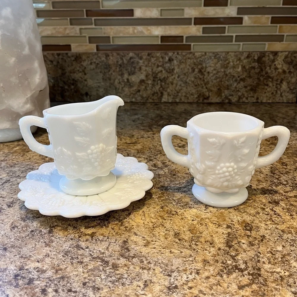 Vintage Westmoreland Milk Glass Sugar and Creamer Set Grapevine Pattern